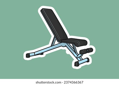 Gym Weight Bench Sticker For Exercise vector illustration. Body fitness objects icon concept. Adjustable weight bench with barbell sticker design icon with shadow.