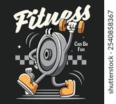 Gym Weight Plate fitness Retro Cartoon Mascot Character Groovy Vintage Style for bodybuilding weightlifting poster, flyer, brochure, invitation, greeting card, banner