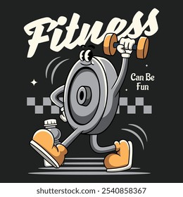 Gym Weight Plate fitness Retro Cartoon Mascot Character Groovy Vintage Style for bodybuilding weightlifting poster, flyer, brochure, invitation, greeting card, banner