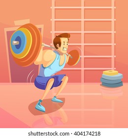 Gym and weightlifting background with man lifting a barbell cartoon vector illustration 