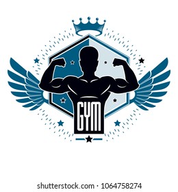 Gym weightlifting and fitness sport club logo, vintage style vector emblem with wings. With sportsman silhouette.