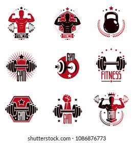 Gym weightlifting and fitness sport club logos, retro stylized vector emblems or badges set.