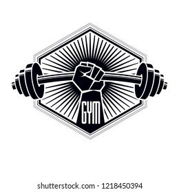 Gym weightlifting and fitness sport club logo, retro stylized vector emblem or badge. With barbell and strong hand fist.