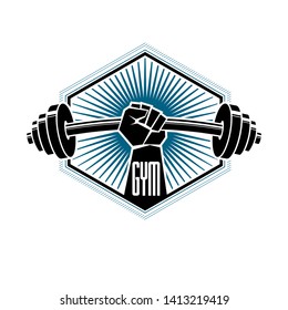 Gym weightlifting and fitness sport club logo, retro stylized vector emblem or badge. With barbell and strong hand fist.