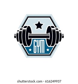 Gym weightlifting and fitness sport club logo, retro stylized vector emblem or badge. With barbell.