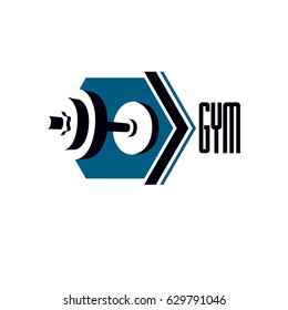 Gym weightlifting and fitness sport club logo, retro style vector emblem. With barbell.