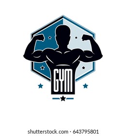 Gym weightlifting and fitness sport club logo, vintage style vector emblem. With sportsman silhouette.