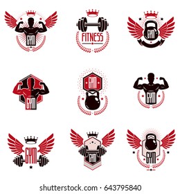 Gym weightlifting and fitness sport club logos, retro stylized vector emblems or badges set.