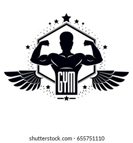 Gym weightlifting and fitness sport club logo, vintage style vector emblem. With sportsman silhouette.