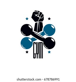 Gym weightlifting and fitness sport club logo, retro stylized vector emblem or badge.