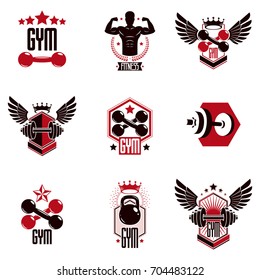 Gym weightlifting and fitness sport club logos, retro stylized vector emblems or badges set.