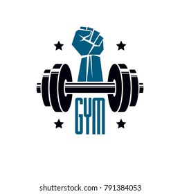 Gym weightlifting and fitness sport club logo, retro stylized vector emblem or badge. With barbell and strong hand fist.