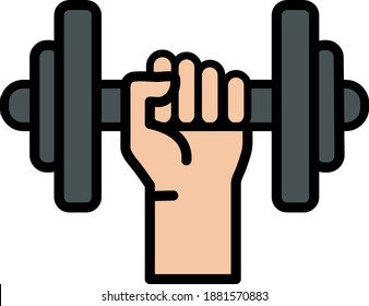 Gym weights icon in color. Exercise dumbbells raised by one arm on a white background. Vector of dumbbells