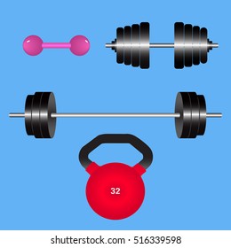 Gym weights isolated.Kettlebell, dumbbell, barbell disk. Vector illustration.