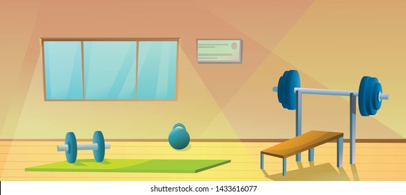 Gym With Window.  Sport Interior With Barbells. Healthy Gymnastic. Fitness Room. Vector