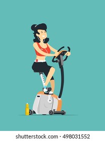 Gym. Woman doing exercise on bike. Vector illustration.
