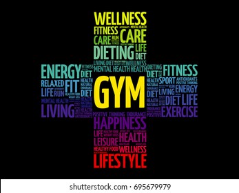 Gym word cloud collage, health cross concept