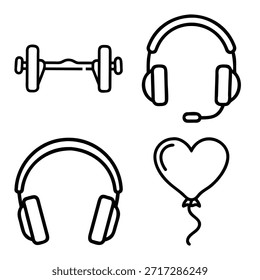Barbell de entrenamiento de gimnasio, auriculares de Asistencia al cliente con micrófono, auriculares inalámbricos de música y conjunto de iconos de contorno de globo en forma de corazón