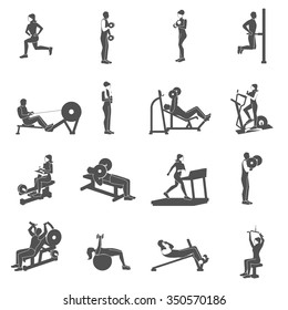 Gym workout black people silhouettes flat set isolated vector illustration