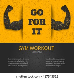 Gym workout design template with GO FOR IT quote on yellow background and bicep muscle symbol. Bodybuilder arms sign. Perfect for bodybuilding and fitness clubs.

