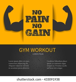 Gym workout design template with NO PAIN NO GAIN quote on yellow background and bicep muscle symbol. Bodybuilder arms sign. Perfect for bodybuilding and fitness clubs.