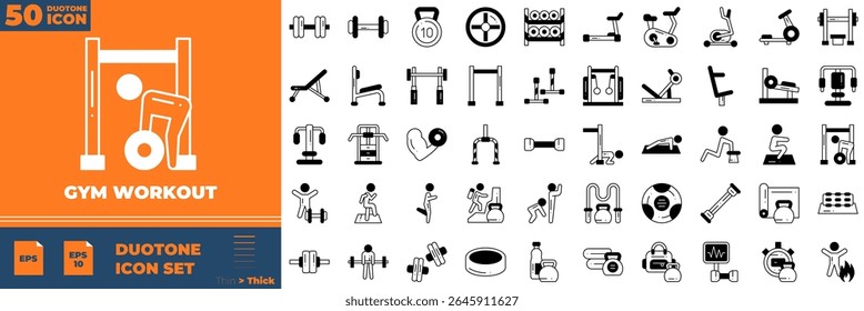 Gym Workout Duotone Editable Icons set. Vector illustration in modern thin duotone style of gym workout icons: healthy lifestyle, weight training, body care, etc