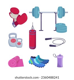 Gym workout equipment vector illustrations set. Boxing gloves, punching bag, yoga mats, weights, jump rope, barbell, sneakers, bottle of water. Sport, physical activity concept