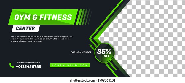 Gym, Workout, Fitness Banner Template Design. Modern Banner With Green Shape And Place For The Photo. Usable For Website, Header, And Cover.