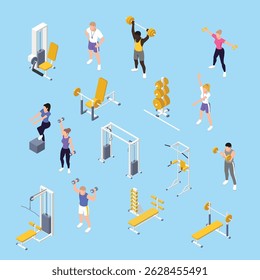 Gym workout fitness exercising people equipment isometric set with training bench dumbbells barbells black background vector illustration
