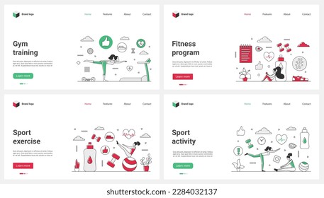 Gym workout, fitness program with coach, physical exercise, yoga and sports activity set vector illustration. Cartoon tiny people training muscles and body health with virtual trainer, equipment