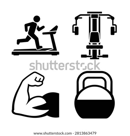 Gym workout icon set with runner on treadmill, pec deck machine, flexed biceps arm and heavy kettlebell, black and white fitness vector
