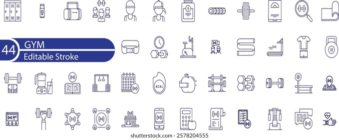 gym workout icons. Vector illustration in modern thin line style of fitness related icons , gym, sports equipment, exercises, and more