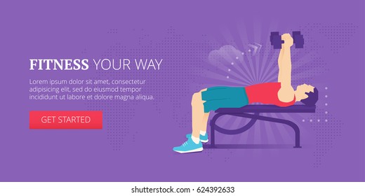 Gym and workout illustrative banner design with athletic man doing dumbbell bench exercise on special equipment. Fitness, sport, workout vector banner template.