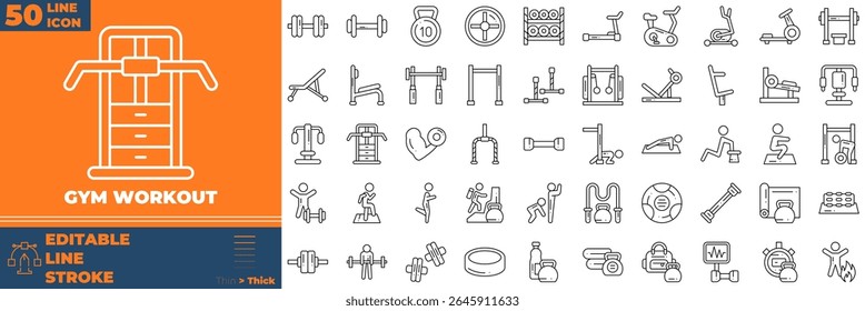 Gym Workout Line Editable Icons set. Vector illustration in modern thin line style of gym workout icons: healthy lifestyle, weight training, body care, etc