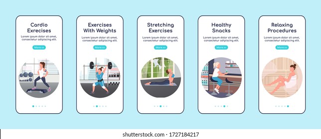 Gym workout onboarding mobile app screen flat vector template. Training and healthy lifestyle walkthrough website steps with characters. UX, UI, GUI smartphone cartoon interface, case prints set