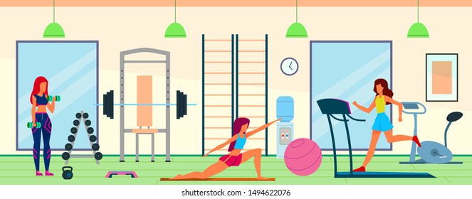 Gym workout. People doing cardio exercises and weight training with fitness trainer. Sports and healthy lifestyle vector health exercising and relax concept