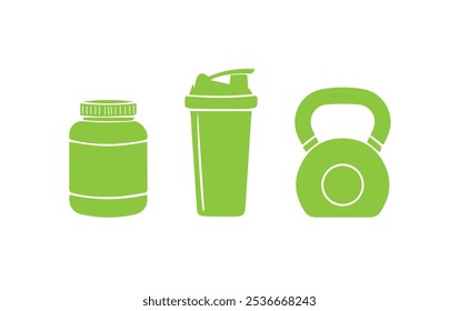 Ginástica - Pó de proteína, Garrafa Shaker, Kettlebell, Treinamento, Pesos, Nutrição Esportiva, Clipart de treino, Fitness Cut Files.eps