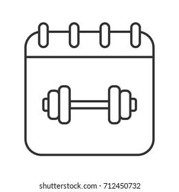 Gym workout schedule linear icon. Thin line illustration. Calendar page with gym barbell. Contour symbol. Vector isolated outline drawing