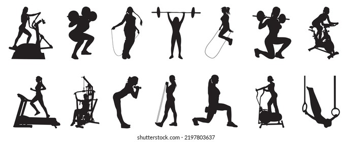 Gym workout silhouette collection.human fitness vector illustration set.
