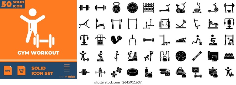Gym Workout Solid Editable Icons set. Vector illustration in modern thin solid style of gym workout icons: healthy lifestyle, weight training, body care, etc