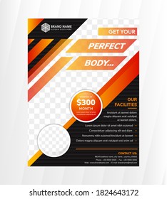 Gym workout Sport Flyer Vector. Vertical layout Card Poster Design For Sport Bar Promotion. Tournament Flyer. Invitation Illustration. diagonal and circle shape for photo collage. 