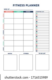 Gimnasio, entrenamiento de entrenamiento, fitness planner para diario, organizador, cuaderno con corazones. Planner A4 impreso. Ilustración vectorial. 