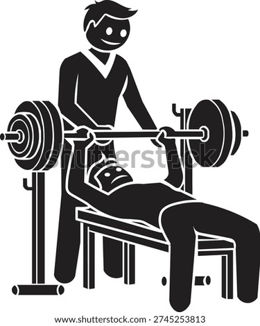 Gym Workout Vector, Bench Press Exercise with Spotter and Weightlifting Equipment