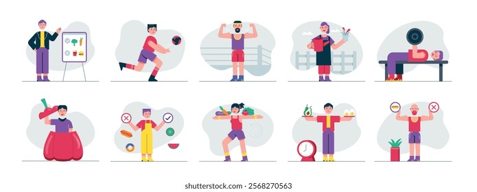 Gym workouts activity and veggie meals for a healthy body. Character design. Vector flat illustration packs