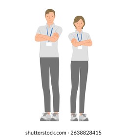 Gym young male and female staff set: smiling and arms crossed