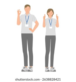 Gym young male and female staff set: Smiling OK and good sign