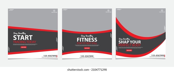 Gym,fitness Or Sports Banner For Social Media Promotion Template Set With Red And Grey Color.