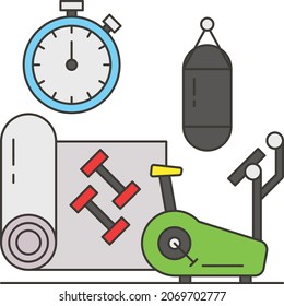 Gymnasium Concept, Personal training gym Vector Line Icon Design, Hotel and Motel Services Symbol, Vacations Rental Sign, Restaurant Supplies Stock Illustration