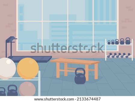 Gymnasium flat color vector illustration. Fitness center. Healthy lifestyle. Physical exercises. Recreation activity. Athletic club 2D simple cartoon interior with sport equipment on background