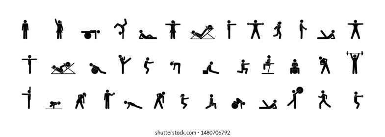 Gymnasium icons, people athletes do various exercises, fitness, gymnastics, and strength exercises. Pictogram, stick figure man.